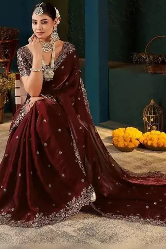 Maroon zari satin designer saree