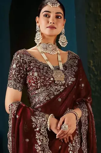 Maroon zari satin designer saree