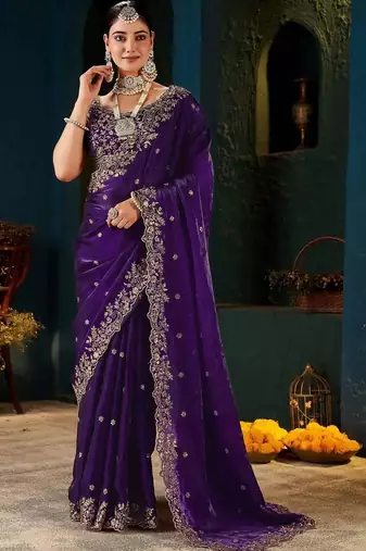 Purple embroidered satin designer saree