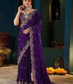 Purple embroidered satin designer saree