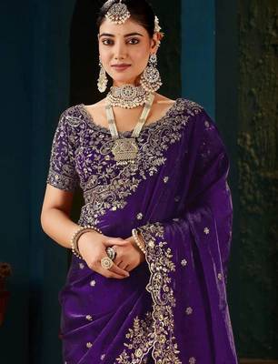 Purple embroidered satin designer saree 2