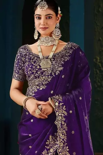 Purple embroidered satin designer saree