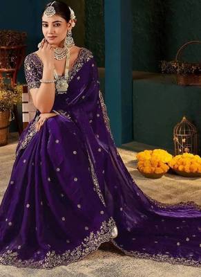 Purple embroidered satin designer saree 3