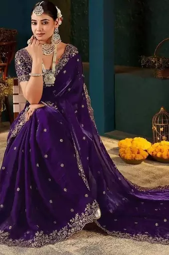 Purple embroidered satin designer saree