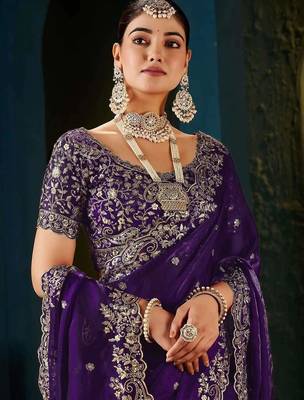 Purple embroidered satin designer saree 4