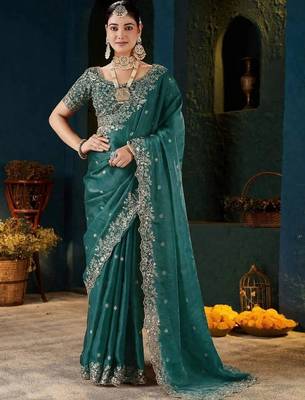 Teal paisley embroidered satin designer saree 1