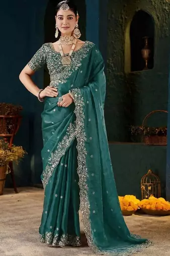 Teal paisley embroidered satin designer saree