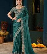 Teal paisley embroidered satin designer saree