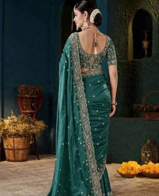 Teal paisley embroidered satin designer saree 2