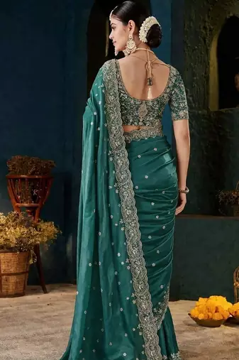 Teal paisley embroidered satin designer saree