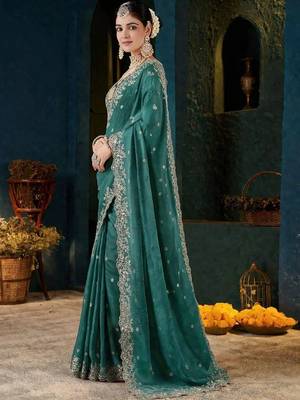 Teal paisley embroidered satin designer saree 3