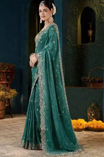 Teal paisley embroidered satin designer saree