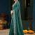 Teal paisley embroidered satin designer saree