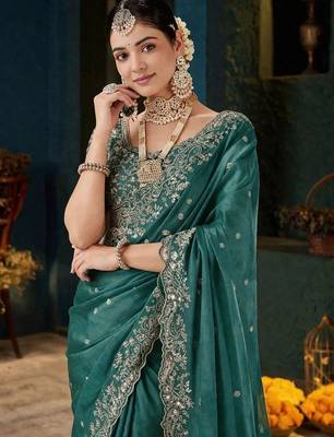 Teal paisley embroidered satin designer saree 4