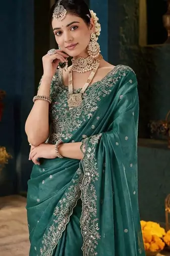 Teal paisley embroidered satin designer saree