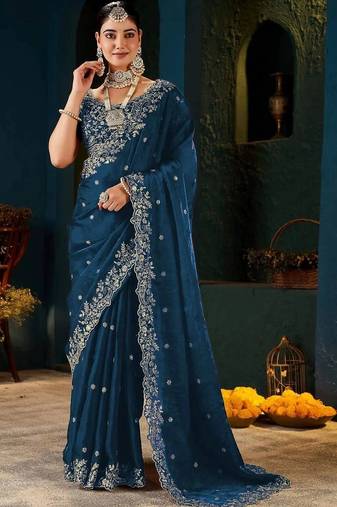 Blue zari satin designer saree