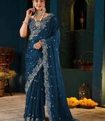 Blue zari satin designer saree