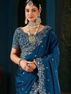 Blue zari satin designer saree 2