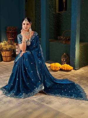 Blue zari satin designer saree 3