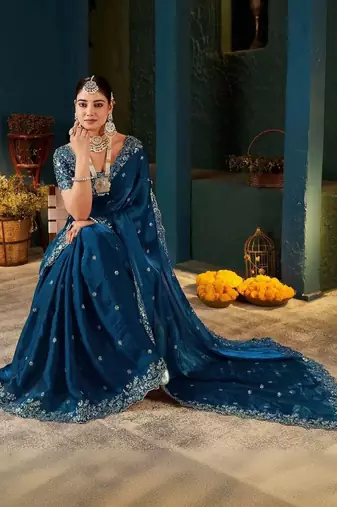 Blue zari satin designer saree