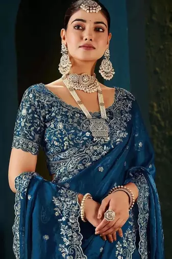Blue zari satin designer saree