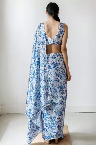 White floral poly chiffon saree