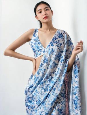 White floral poly chiffon saree 2