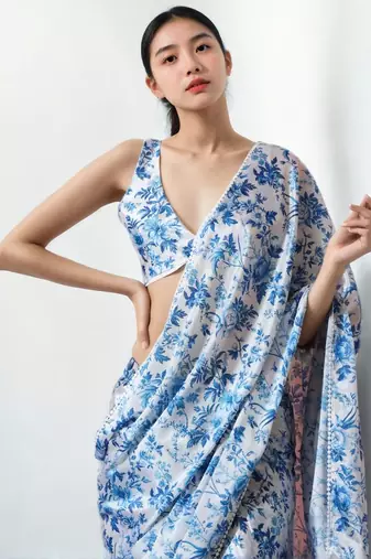 White floral poly chiffon saree