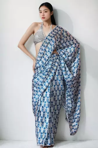 White floral poly chiffon saree