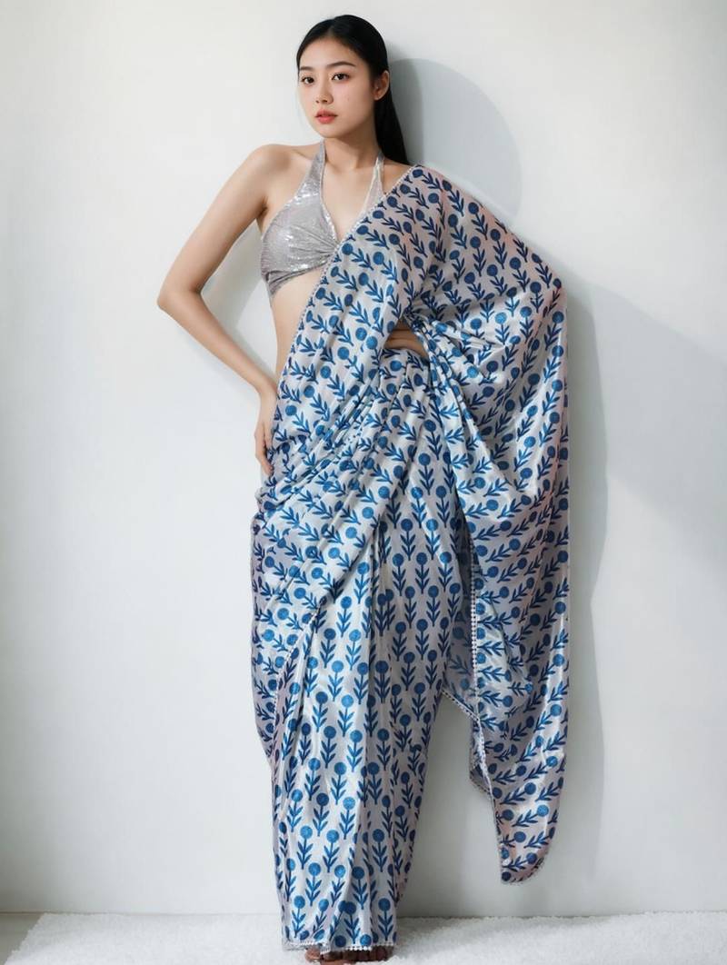 White floral poly chiffon saree