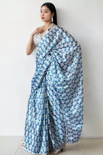 White floral poly chiffon saree