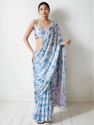 White floral poly chiffon saree 1