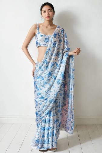 White floral poly chiffon saree