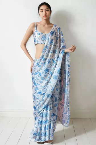 White floral poly chiffon saree