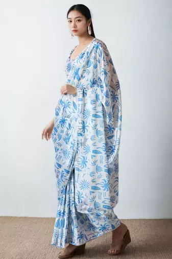 White floral poly chiffon saree