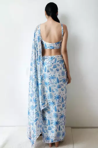 White floral poly chiffon saree