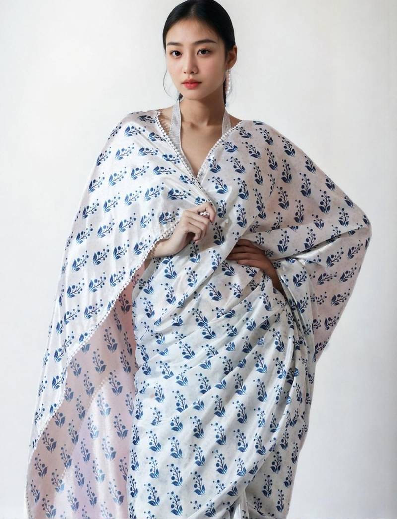 White floral poly chiffon saree