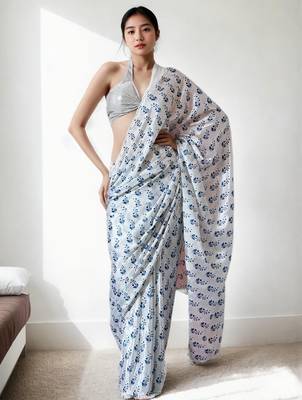 White floral poly chiffon saree 2