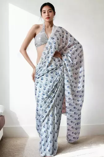 White floral poly chiffon saree