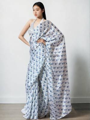 White floral poly chiffon saree 3