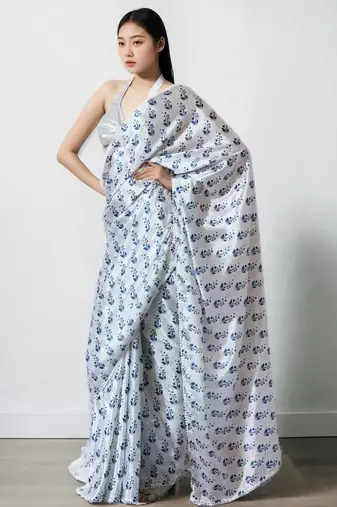 White floral poly chiffon saree
