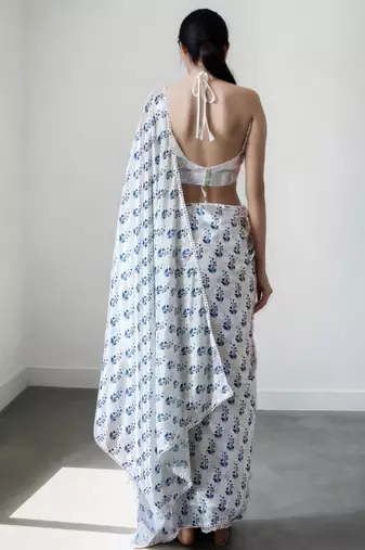 White floral poly chiffon saree