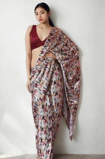 White floral poly chiffon saree