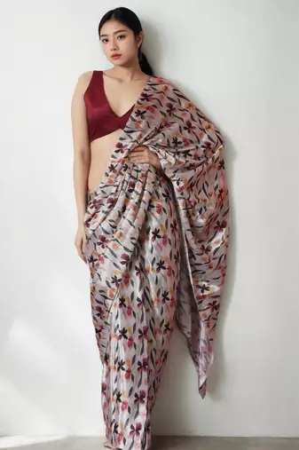 White floral poly chiffon saree