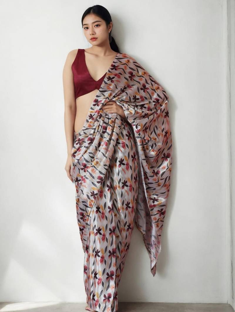 White floral poly chiffon saree