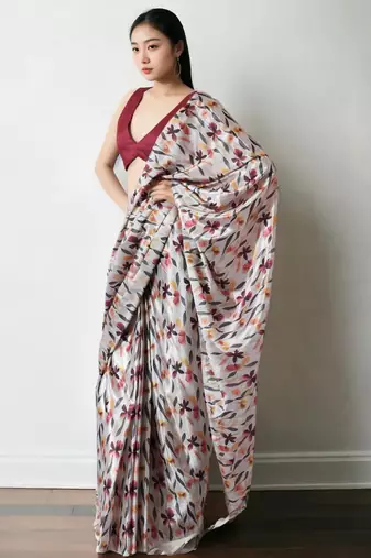 White floral poly chiffon saree