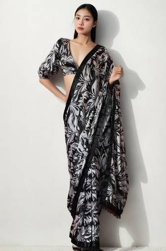Black poly chiffon designer saree