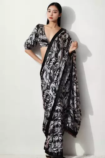 Black poly chiffon designer saree