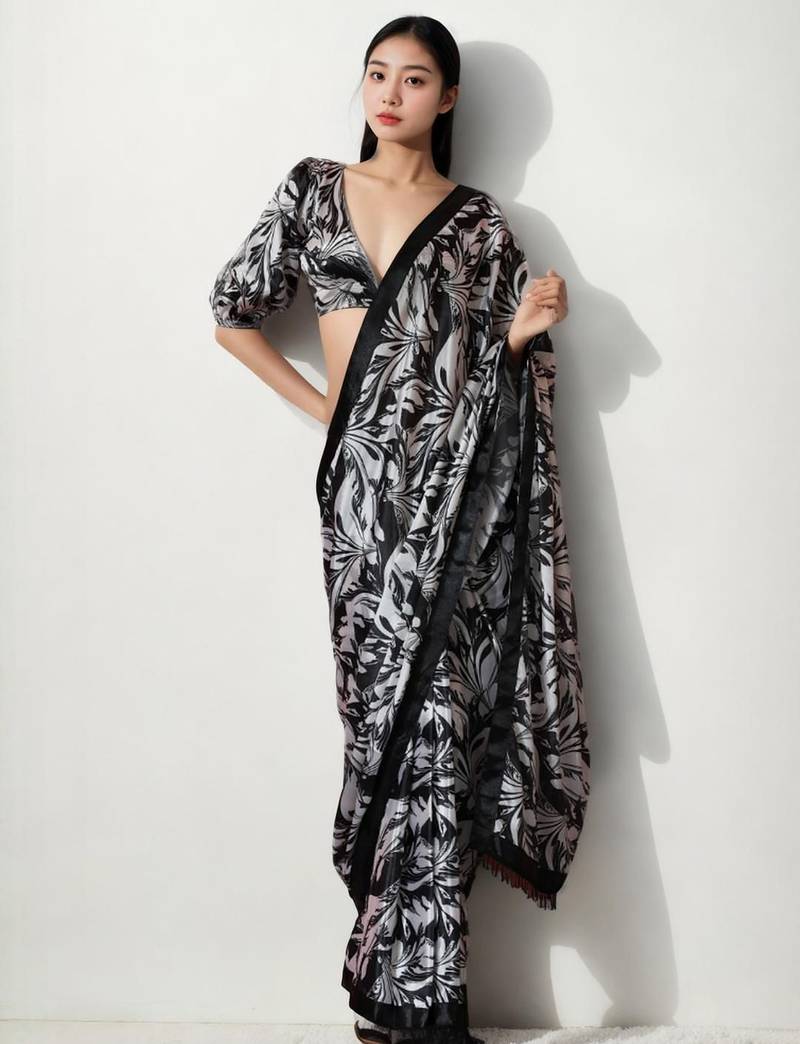 Black poly chiffon designer saree