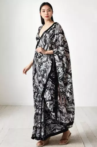Black poly chiffon designer saree
